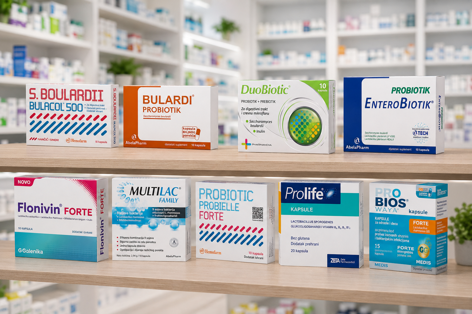 Probiotici za zdravlje stomaka i crevne mikrobiote na policama apoteke