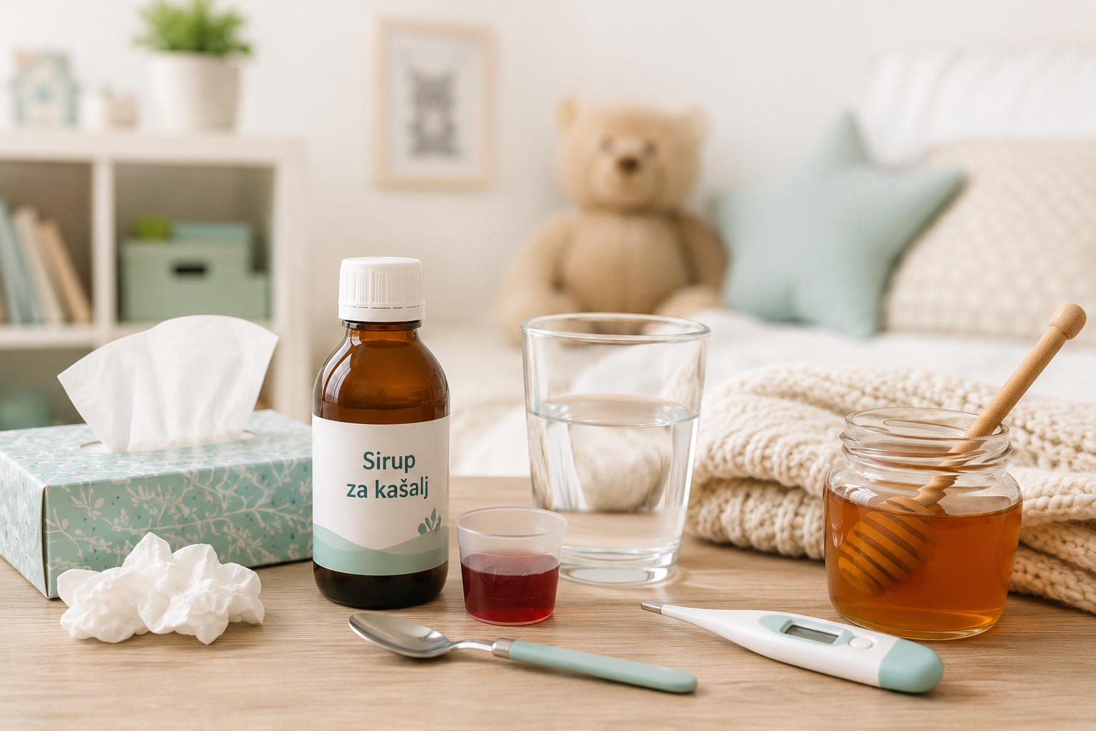 sirup za kašalj, čašu vode i maramice u kućnom okruženju