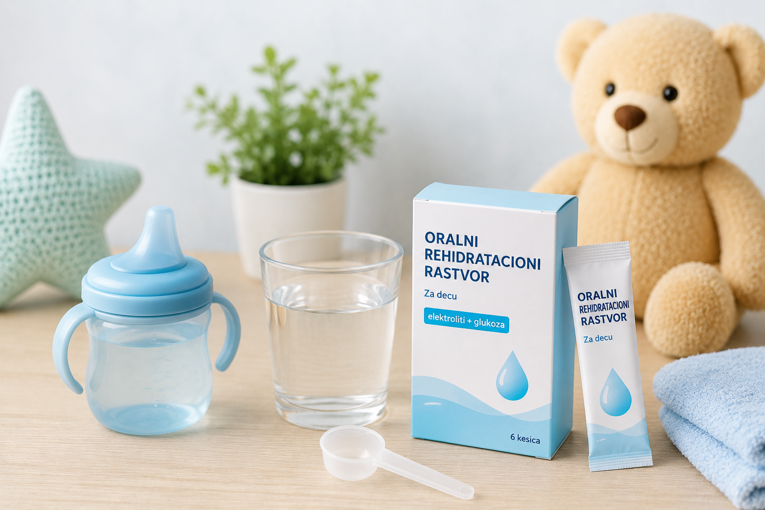 Oralni rehidratacioni rastvor, čaša vode i dečija oprema za nadoknadu tečnosti kod dijareje