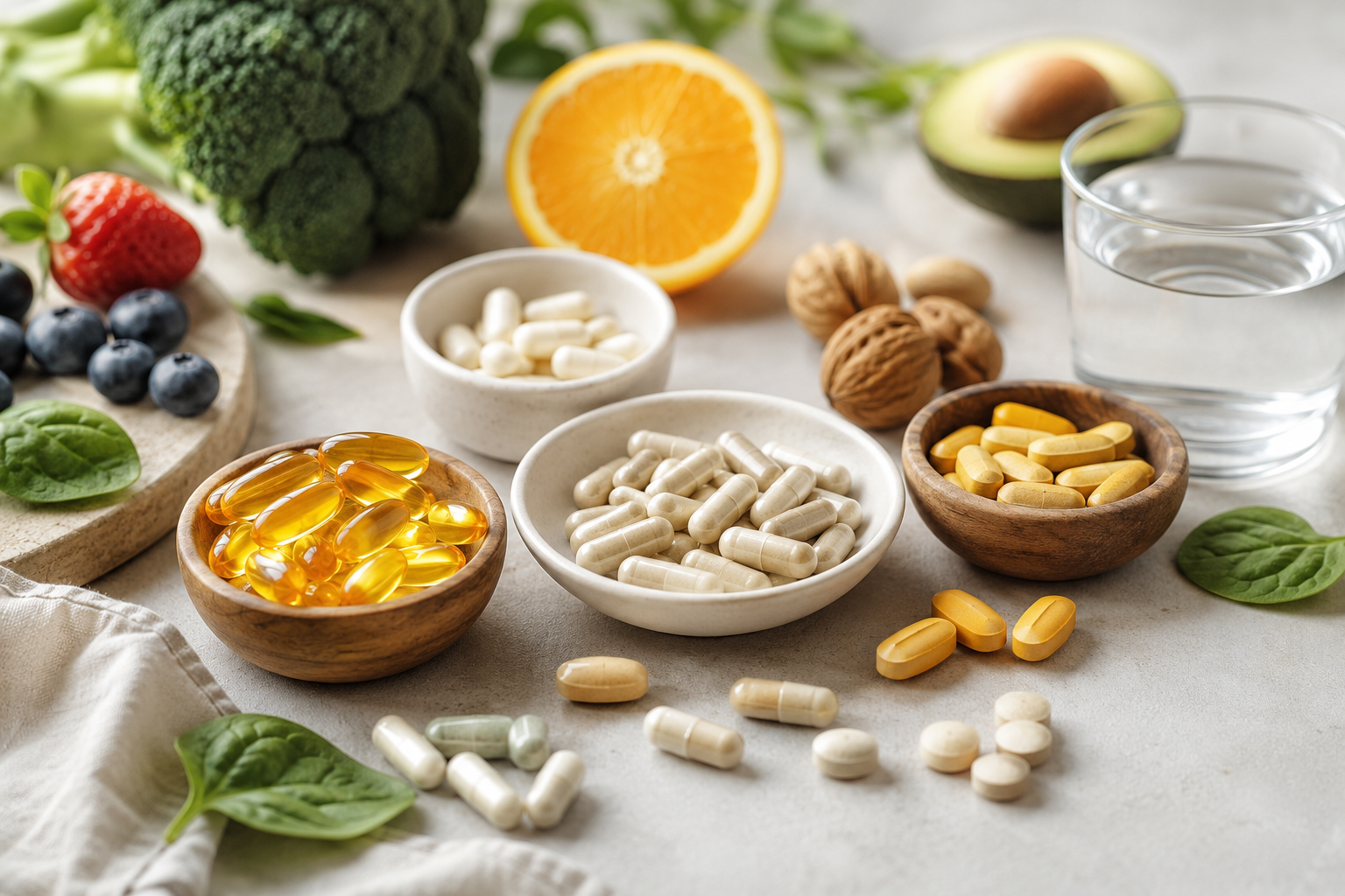 Različiti vitamini i mineralni suplementi u posudama pored svežeg voća, povrća i čaše vode, kao simbol pravilne suplementacije i uravnotežene ishrane.