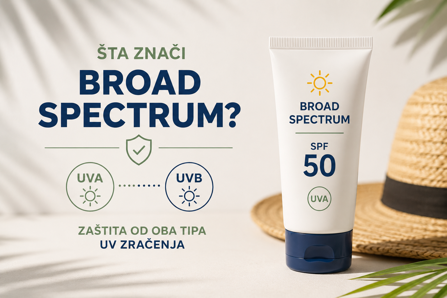 Šta znači Broad Spectrum? Ilustracija SPF kreme sa oznakom Broad Spectrum i simbolima UVA i UVB zaštite koja prikazuje širok spektar zaštite od sunčevog zračenja.