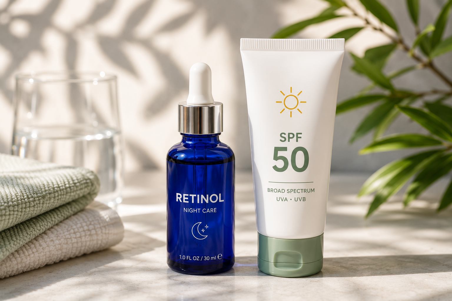 Žena nanosi retinol u večernjoj rutini nege kože, uz kremu sa SPF zaštitom i sunčevu svetlost u pozadini, ilustracija pravilne upotrebe retinola tokom leta.